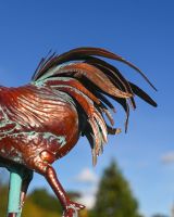 The Striding Rooster Verdigris Copper Weathervane Showing the Feathered Rooster Tail