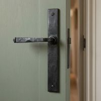 The Tapered Slimline Lever Espagnolette Door Latch in Beeswax Mounted on a Sage Green Door in a Country Home - Digital Illustration