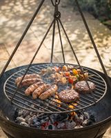 The The Hanging Tripod Swing Grill Suspended over a Kadai Bowl on a Patio - Digital Illustration