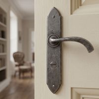 The Verona Curved Pewter Medieval Lever Handle With Bathroom Lock Shown Close up on a Living Room Door - Digital Illustration