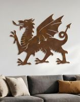 The 100cm Rustic Welsh Dragon Wall Art Mounted on a White Wall Above a Sofa - Digital Illustration 