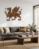 The 100cm Rustic Welsh Dragon Wall Art Mounted on a White Wall Above a Sofa in a Modern Living Room - Digital Illustration