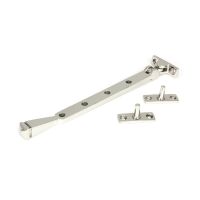 The 10 Inch Valen Casement Window Stay in Polished Stainless Steel Shown with Stay Pins on a White Background