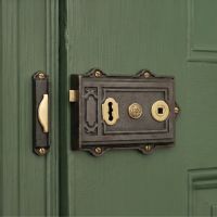 The 12.5cm Cast Iron & Polished Brass Ornate Rim Lock Mounted on a Green Wooden Door - Digital Illustration