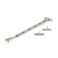 The 12 Inch Valen Casement Window Stay in Polished Stainless Steel Shown with Stay Pins on a White Background