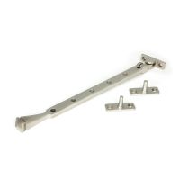 The 12 Inch Valen Casement Window Stay in Satin Stainless Steel Shown with Stay Pins on a White Background