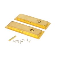 The 175mm Art Deco Rectangular Sliding Pocket Door Privacy Set in Polished Brass Shown from behind with all components