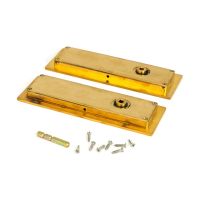 The 175mm Classic Rectangular Sliding Pocket Door Privacy Set in Polished Brass Shown from behind with all components
