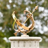 The 17cm "Profatius" Antique Brass Armillary on a Grey Stone Pillar Showing a Close up The 17cm "Profatius" Antique Brass Armillary on a Grey Stone Pillar Showing a Close up