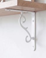 The 18 x 14.5cm White Scroll Effect Wall Bracket Fixed to a Wooden DIY Shelf on a Modern Living Room Wall - Digital Illustration The 18 x 14.5cm White Scroll Effect Wall Bracket Fixed to a Wooden DIY Shelf on a Modern Living Room Wall - Digital Illustration