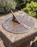 The 200mm Antique Brass "Old Father Time" Sundial Viewed from Above on a Sunny Stone Garden Pillar - Digital Illustration