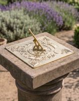 The 200mm Polished Brass "Four Seasons" Sundial Fitted onto a Stone Pillar in a Traditional Garden - Digital Illustration The 200mm Polished Brass "Four Seasons" Sundial Fitted onto a Stone Pillar in a Traditional Garden - Digital Illustration