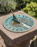 The 200mm Verdigris "Old Father Time" Sundial Mounted on a Stone Plinth in a Sunny Garden - Digital Illustration The 200mm Verdigris "Old Father Time" Sundial Mounted on a Stone Plinth in a Sunny Garden - Digital Illustration