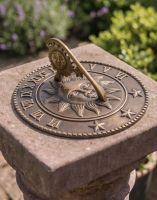 The 225mm Antique Brass "Sunshine & Starlight" Sundial Mounted on a Stone Garden Pillar in a Country Home - Digital Illustration 