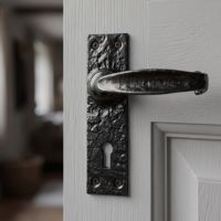 The "Acerno" Traditional Cast Iron Lever Handle on a Grey Door in a Country Cottage - Digital Illustration