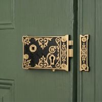 The "Adwick" Deluxe Victorian Rim Lock with Draw Bolt for a Left Handed Door on a Green Front Door Entrance - Digital Illustration 