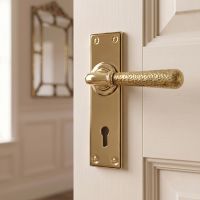 The "Afton Manor" Hammered Aged Brass Lever Lock Door Handle on a White Door in a Period Home - Digital Illustration