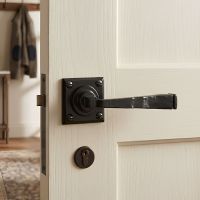 The "Airedale" Sprung Black Iron Door Handle Set in a Traditional Country Home Hallway - Digital Illustration