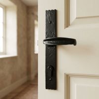 The "Albi" Farmhouse Lever Espagnolette Lock Set on a White Door to a Entrance hallway - Digital Illustration 