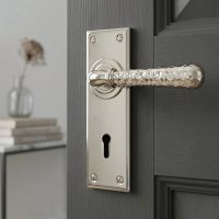 The "Amsden House" Hammered Polished Nickel Lever Lock Door Handle on a Light Grey Door in a Cream Coloured Home Interior - Digital Illustration