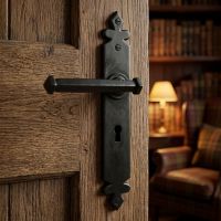 The "Azzaro" Beeswax Tudor Lever Lock  on a Wooden Door leading to a Library in a Home - Digital Illustration