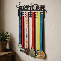 The "Born to Run" Sports Medal Hanger On a Textured Cream Wall next to a Cabinet - Digital Illustration