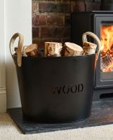 The "Brettington" Powder Coated Iron Wood Basket on a Black Stone Fireplace in a Modern Home - Digital Illustration