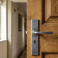 The "Buckthorn" Pewter Large Lever Lock Set on a Wooden Door in a Luxury Home - Digital Illustration The "Buckthorn" Pewter Large Lever Lock Set on a Wooden Door in a Luxury Home - Digital Illustration