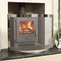 The "Carrowdrock" Contemporary Curved Bespoke Fire Guard Positioned in front of a Lit Log Burner Stove - Digital Illustration 