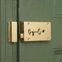 The "Castille" Large Solid Brass Rim Lock on a Green Right Hand Entrance Door - Digital Illustration 
