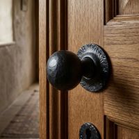 The "Clarendon" Ball Mortice or Rim Knob Set with Escutcheons Mounted on a Light Brown Antique Door - Digital Illustration The "Clarendon" Ball Mortice or Rim Knob Set with Escutcheons Mounted on a Light Brown Antique Door - Digital Illustration