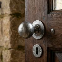The "Clarendon" Pewter Ball Mortice or Rim Knob Set with Escutcheons on a Traditional Wooden Door next to a Matching Keyhole - Digital Illustration The "Clarendon" Pewter Ball Mortice or Rim Knob Set with Escutcheons on a Traditional Wooden Door next to a Matching Keyhole - Digital Illustration