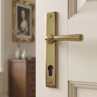 The "Emerson" Antique Brass Slim Line Door Handle Fitted on a Cream Coloured Door in a Country Home - Digital Illustration