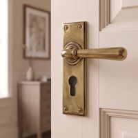 The "Emerson" Euro Keyhole Aged Brass Lever Handles in a Modern Home on a White Door - Digital Illustration 