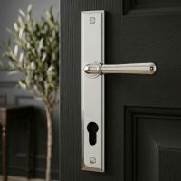 The "Emerson" Slim Nickel Lever Door Handle on a Black Door in a Modern Interior Setting - Digital Illustration 