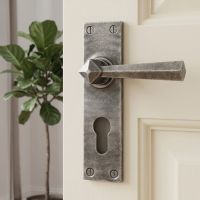 The "Fleming House" Aged Pewter Lever Euro Door Handle on a Cream Door in a Country Home Hallway - Digital Illustration