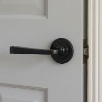 The "Grayson Manor" Midnight Black Unsprung Lever Door Handle on a Plain Rose Mounted onto a Light Grey Door - Digital Illustration 