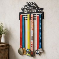 The "Just Keep Running" Sports Medal Hanger  Fitted on a Wall in a Well Lit Living Room Area - Digital Illustration 