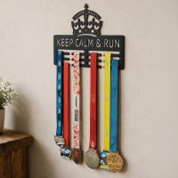 The "Keep Calm and Run" Sports Medal Hanger Fitted on a Wall Next to a Cabinet in a LivingRoom - Digital Illustration