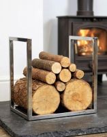 The "Kresling Hall" Stainless Steel Log Store on a Stone Hearth in a Modern Living Room Setting - Digital Illustration