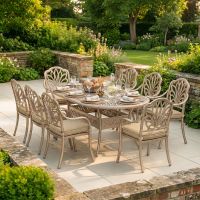 The "Marianne" 8-Seater Outdoor Dining Set - Antique Champagne digital illustration dressed table