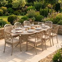 The "Marianne" 8-Seater Outdoor Dining Set - Antique Champagne digital illustration dressed table