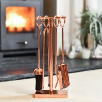 The "Middleton" Hammered Rose Gold Companion Set with a Wood Burner Stove Behind - Digital Illustration