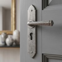 The "Orelia" Pewter Gothic Lever Euro Lock Set  on a Light Grey Door in an Interior Setting - Digital Illustration