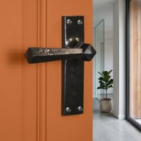 The "Peregrine" Black Straight Lever Latch Set Displayed on a Orange Door in a Modern Home - Digital Illustration The "Peregrine" Black Straight Lever Latch Set Displayed on a Orange Door in a Modern Home - Digital Illustration