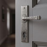 The "Ravenscroft" Pewter Lever Espagnolette Lock Set Unsprung  Shown Up Close in a Home Hallway on a Door - Digital Illustration