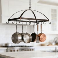 The "Stallinswood" Blacksmith Hanging kitchen Utensil or Saucepan Rack in a Modern Home Above a Kitchen Island - Digital Illustration