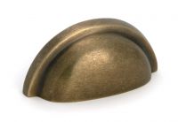The "Stratford" Traditional Cup Handle in a Burnished Brass Finish on a White Background shown from the Front 