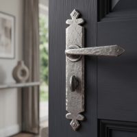 The "Vittoria" Pewter Tudor Sprung Lever Bathroom Privacy Set Shown Close up on a Living Room Door - Digital Illustration
