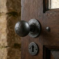 The "Washington" Beeswax Ball Mortice or Rim Knob Set with Escutcheons on a Dark Brown Antique Door in a Country Home - Digital Illustration The "Washington" Beeswax Ball Mortice or Rim Knob Set with Escutcheons on a Dark Brown Antique Door in a Country Home - Digital Illustration
